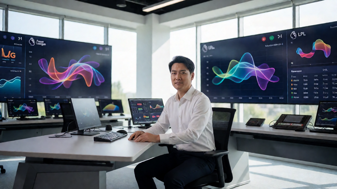 体育直播中心后台的实时数据分析仪表盘界面，展示实时比分和统计图表